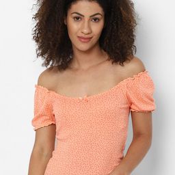 AMERICAN EAGLE OUTFITTERS Women Orange Floral Printed Cotton V-Neck Puff Sleeves T-shirt-image-58