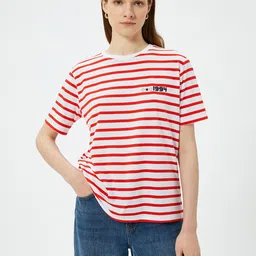 Koton Women Striped Round Neck Pure Cotton T-shirt-image-59