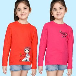 NUSYL Girls Red & Pink Pack of 2 Graphic Printed T-shirts-image-40