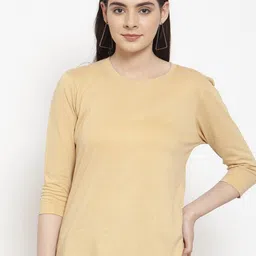Friskers Women Beige Solid Cotton T-shirt-image-55