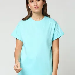 Bewakoof Women Blue Solid Pure Cotton Boyfriend Relaxed Fit T-shirt-image-63