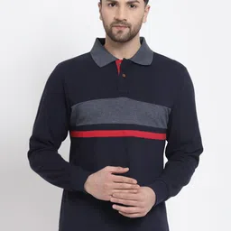 Kalt Men Navy Blue & Red Striped Polo Collar T-shirt-14