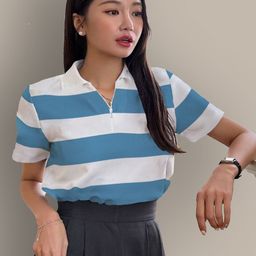 The Dry State Women Striped Polo Collar Pockets T-shirt-image-87
