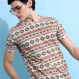 HIGHLANDER White & Peach Coloured Geometric Printed Relaxed Fit T-Shirt-0