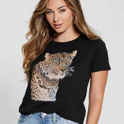 GUESS Women Graphic Printed Round Neck Cotton T-shirt-image-87
