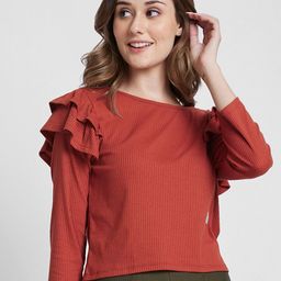 SPYKAR Self Design Boat Neck Ruffles Detail Cotton Top-25
