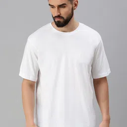 VEIRDO White Round Neck Drop shoulder Sleeves Pure Cotton Oversized T-shirt-image-55