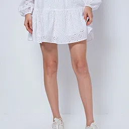 COVER STORY White Self-Design Tiered Pure Cotton Schiffli Mini Skirt-image-42