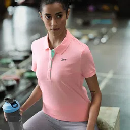 Reebok Women Pink Solid Polo Collar Training T-shirt-image-95