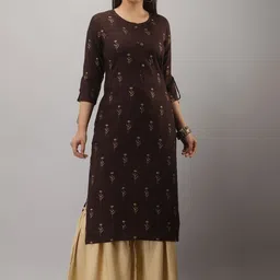 MAUKA Women Coffee Brown Embroidered High Slit Kurti with Sharara-39