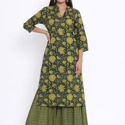 MIRAVAN Women Green & Yellow Floral Printed Pure Cotton Kurta with Sharara-picture-27