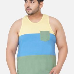 John Pride Men Plus Size Yellow & Blue Colourblocked Tank Cotton T-shirt-image-18