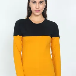 Fleximaa Women Black & Mustard Yellow Colourblocked T-shirt-image-91