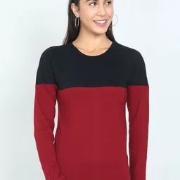 Fleximaa Women Black & Maroon Colourblocked Cotton T-shirt-image-24