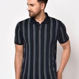 Octave Men Black Vertical Striped Polo Collar T-shirt-image-63