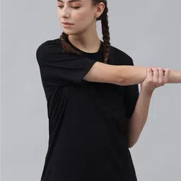 GRIFFEL Women Black Solid Round Neck Cotton Longline T-shirt-image-88