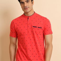 berry blues Geometric Printed Mandarin Collar Short Sleeves Cotton T-shirt-image-96