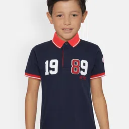 METRO KIDS COMPANY Boys Navy Blue Organic Cotton Self Design Polo Collar T-shirt-image-11