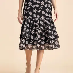 Moomaya Floral Printed Tiered Chiffon Midi Skirt-picture-14