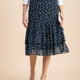 Moomaya Floral Printed Chiffon Midi Tiered Skirt-picture-35