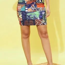 Berrylush Black Graphic Printed High-Waisted Slip On Pencil Mini Skirt-image-11