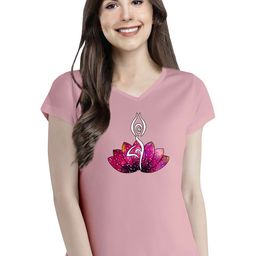 Pootlu Women Pink Printed V-Neck Extended Sleeves T-shirt-image-99
