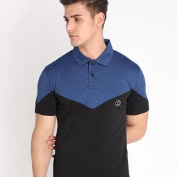 Chkokko Men Black & Blue Colourblocked Polo Collar Training or Gym T-shirt-image-42