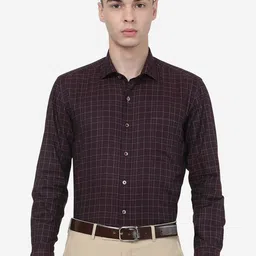 JADE BLUE Checked Spread Collar Formal Pure Cotton Shirt-image-7