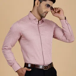 METAL Slim Fit Checked Spread Collar Long Sleeves Cotton Formal Shirt-image-87