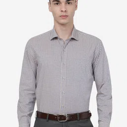 JADE BLUE Checked Spread Collar Formal Pure Cotton Shirt-image-6