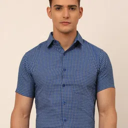 JAINISH Men Blue Classic Micro Checks Printed Formal Shirt-image-66