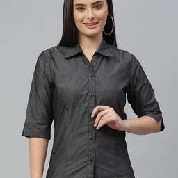 RIVI Women Charcoal Black Pure Cotton Solid Slim Fit Casual Shirt-image-18