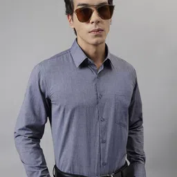 English Navy Standard Slim Fit Chambray Weave Cotton Formal Shirt-image-90