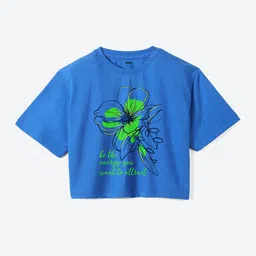 Mast & Harbour Girls Blue Floral Printed Pure Cotton Boxy T-shirt-picture-36
