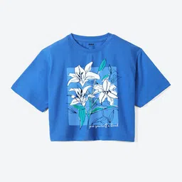 Mast & Harbour Girls Blue Floral Printed Pure Cotton Boxy T-shirt-picture-23