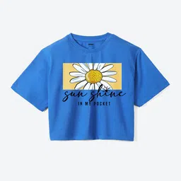 Mast & Harbour Girls Blue Floral Printed Pure Cotton Boxy T-shirt-picture-1