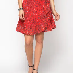 Sera Red Floral Printed Ruffle Wrap Mini Skirt-image-15