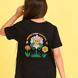 NUSYL Girls Floral Printed Round Neck Longline Oversized T-shirt-image-56