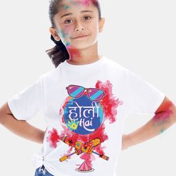 BONKIDS Girls White Holi Hai Holi Printed Cotton T-shirt-image-71