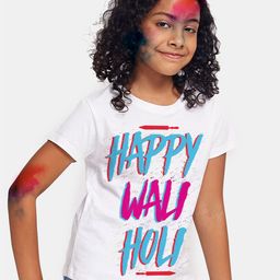 BONKIDS Girls White & Blue Happy Wali Holi Printed T-shirt-image-40
