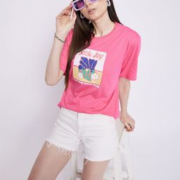 Mast & Harbour Pink Graphic Printed Oversized Pure Cotton T-shirt-image-22
