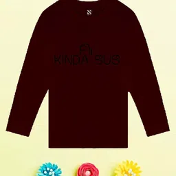 NUSYL Boys Maroon Typography Printed V-Neck Applique T-shirt-image-91