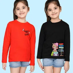 NUSYL Girls Red & Black Pack of 2 Graphic Printed T-shirts-5