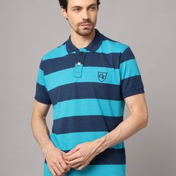 Cantabil Men Blue Striped Polo Collar Applique T-shirt-image-31