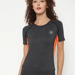 CHKOKKO Women Grey Melange & Orange Antimicrobial Active Wear Sports T-shirt-image-97