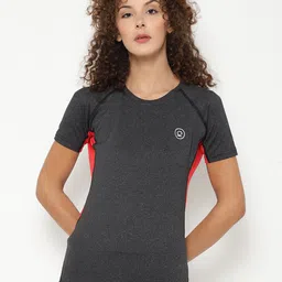 CHKOKKO Women Grey Melange & Red Antimicrobial Active Wear Sports T-shirt-6