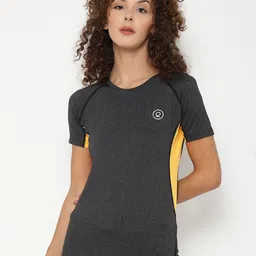 CHKOKKO Women Grey Melange & Yellow Antimicrobial Active Wear Sports T-shirt-image-98