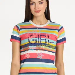 shashvi Women Multicoloured Striped T-shirt-picture-5