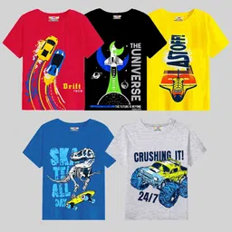 KUCHIPOO Boys Pack Of 5 Graphic Printed Round Neck Cotton T-shirts-58