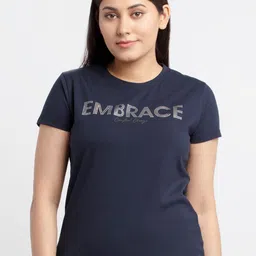 Status Quo Women Navy Blue Typography Printed Cotton T-shirt-image-69